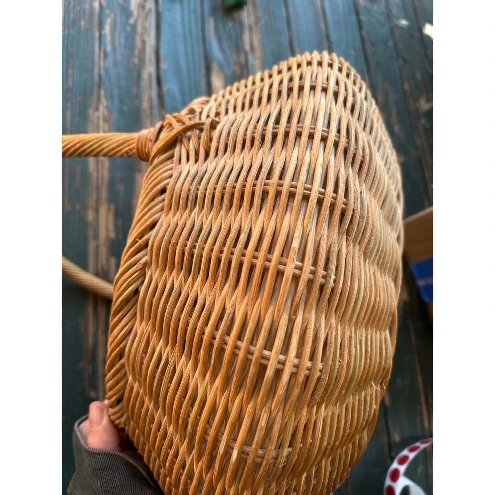 Vintage Wicker Market Basket Round Handwoven Rattan Boho Farmhouse Decor Handle